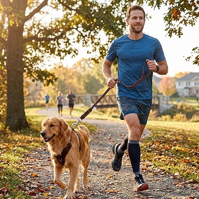 Laisse chien  homme en promenade avec son goden retriver au parce avec la laisse 1.2 m
