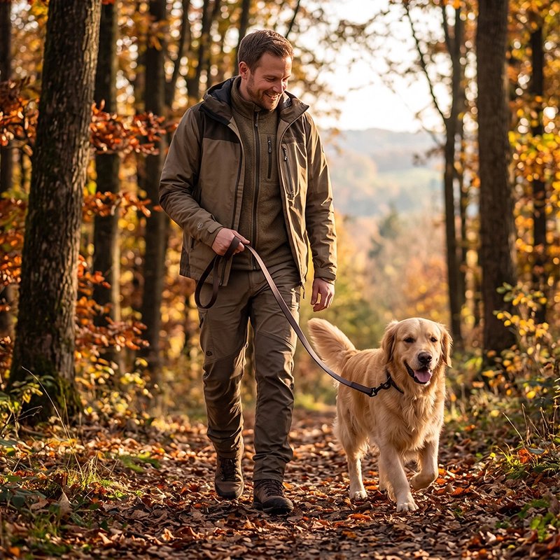 Laisse Chien homme en promenade avec son golden retriver dans la foret