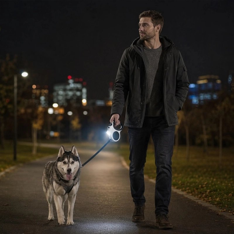 Laisse Chien homme en promenade avec son husky qui eclair le chemin avec la laisse retroeclairer