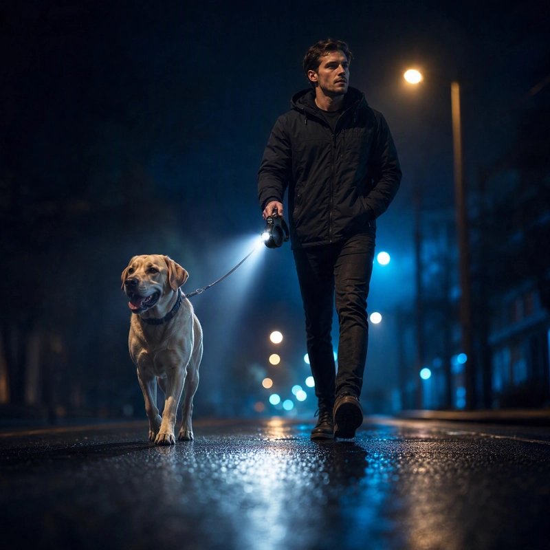 Laisse Chien homme en promenade avec son labrador qui eclair le chemin avec la laisse retroeclairer