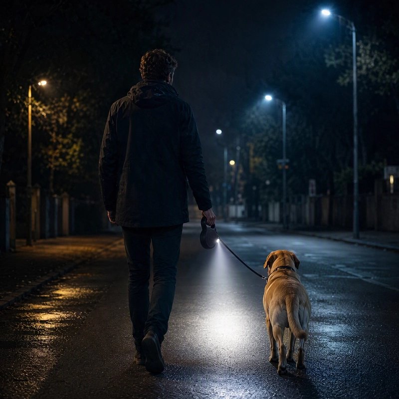 Laisse Chien homme en promenade avec son labrador qui eclair le chemin avec la laisse retroeclairer