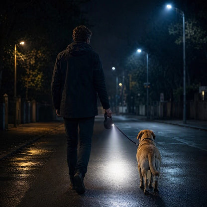 Laisse Chien homme en promenade avec son labrador qui eclair le chemin avec la laisse retroeclairer