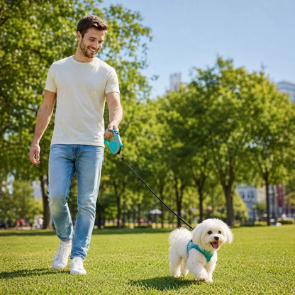 Laisse Chien homme promenant son bichon dans un parc avec la laisse bleu