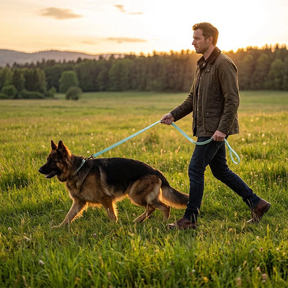 Laisse Chien homme promenant son chien dans la campagne avec la laisse verte