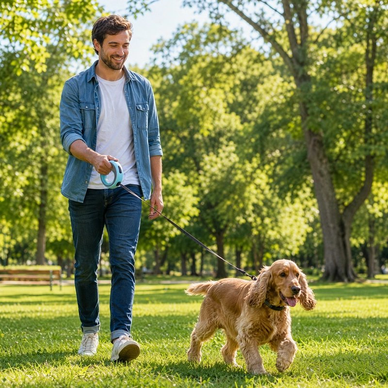 Laisse Chien homme promenant son epagneul dans un parc avec la laisse bleu