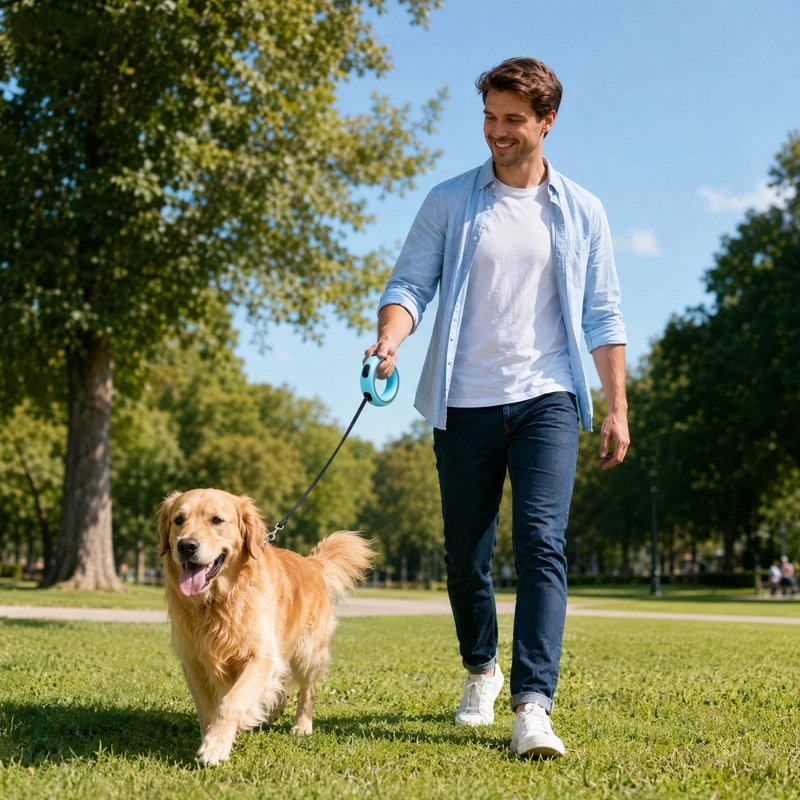 Laisse Chien homme promenant son golden retriver au parc avec la laisse bleu