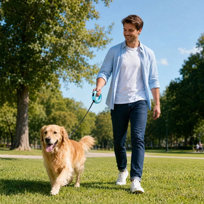 Laisse Chien homme promenant son golden retriver au parc avec la laisse bleu