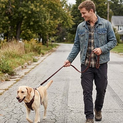 Laisse chien homme promenant son labrador blond 