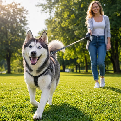 Laisse Chien husky dans un parc avec la laisse retractable