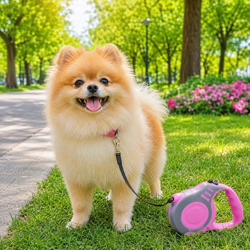 Laisse Chien pomenerien montrant sa laisse rose dans un parc