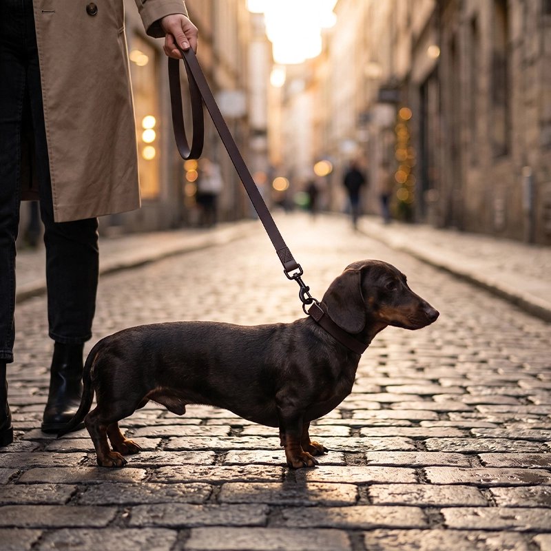 Laisse Chien teckel en promenade dans le centre ville avec la laise café