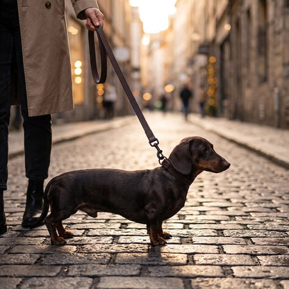 Laisse Chien teckel en promenade dans le centre ville avec la laise café