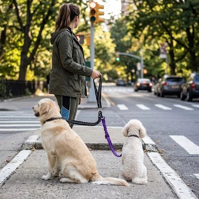 Laisse double pour Chien femme au centre ville attendant le feu de circulation avec ses deux chien et la laisse double