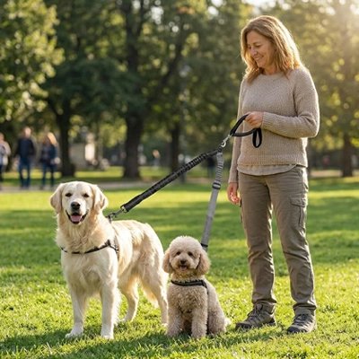 Laisse double pour Chien femme au parc avec ses deux chien et la laisse double