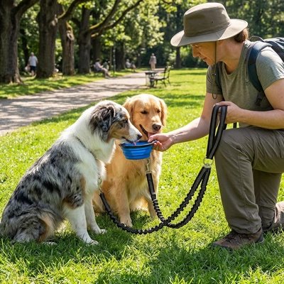 Laisse double pour Chien femme dans un parc avec ses deux chien en laisse 