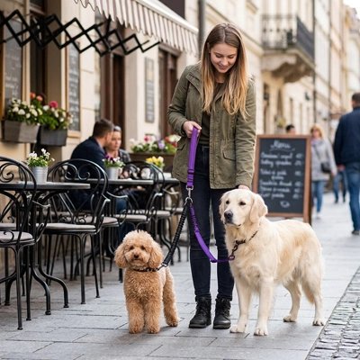 Laisse double pour Chien femme en promenade avec son caniche et son golden retriver avec la laisse double