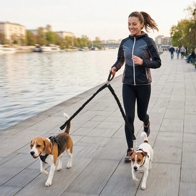 Laisse double pour Chien femme joggant avec ses deux chiens sur le bord du lac