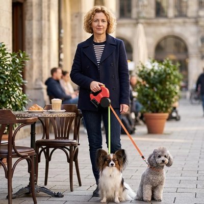 Laisse double pour Chien femme promenant ses deux chiens avec la laisse double