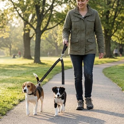 Laisse double pour Chien femme promenant ses deux chiens au parc