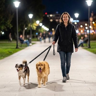 Laisse double pour Chien femme promenant ses deux chien au centre ville 