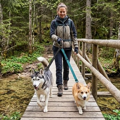 Laisse double pour Chien femme se promenant en foret avec ses deux chien et la laisse double