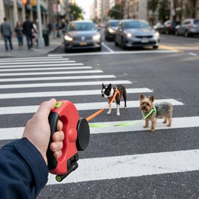 Laisse double pour Chien homme dèmonrant la longueur des deux laisse chacune avec des couleurs differente