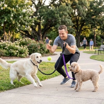 Laisse double pour Chien homme s'amusant au parc avec ses deux chien et la laisse double