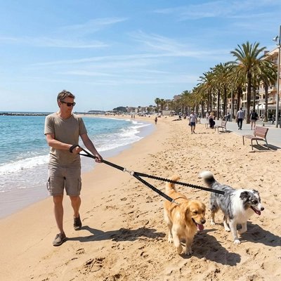 Laisse double pour Chien homme se promenant sur la plage avec ses deux chiens