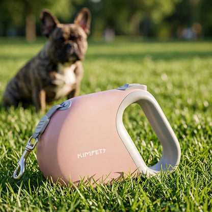 Laisse enrouleur chien chien assis dans un parc et en morthèse on voie la laisse rose retractable