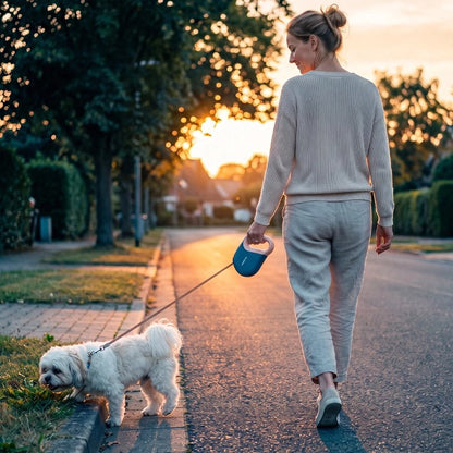 Laisse enrouleur chien femme promenant son shih tzu au coucher du soleil avec sa laisse retractable