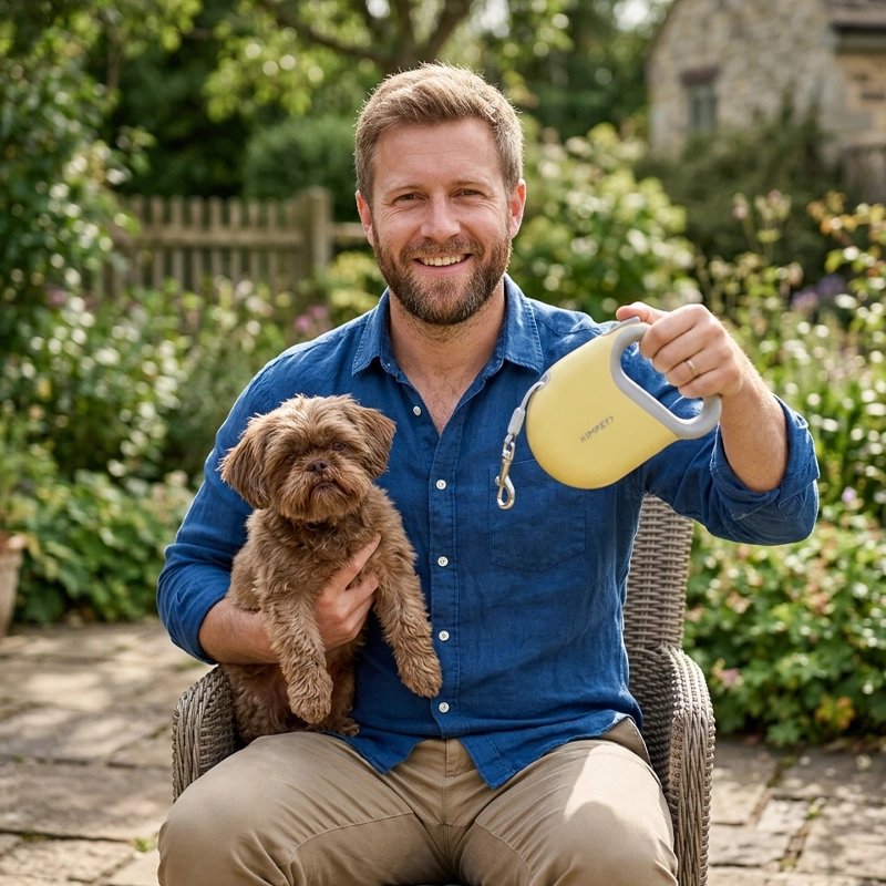 Laisse enrouleur chien homme assis sur un banc de parc avec son shih tzu et la laisse jaune retractable