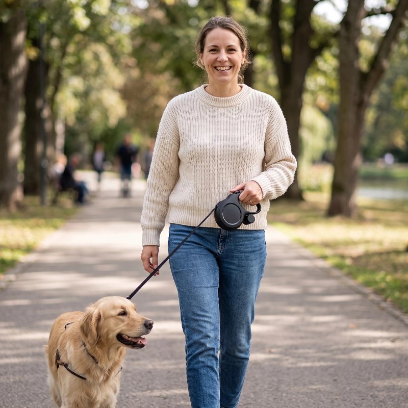 Laisse enrouleur femme dans un parc avec son golden retriver  et la laisse enroulable