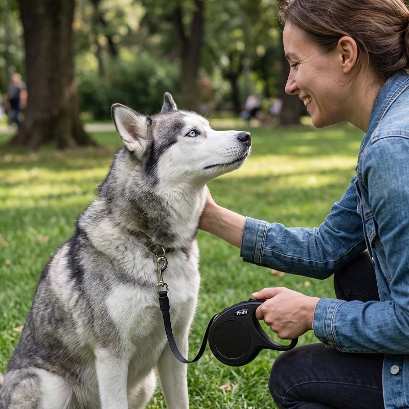 Laisse enrouleur femme dans un parc avec son husky et la laisse enroulable noir 