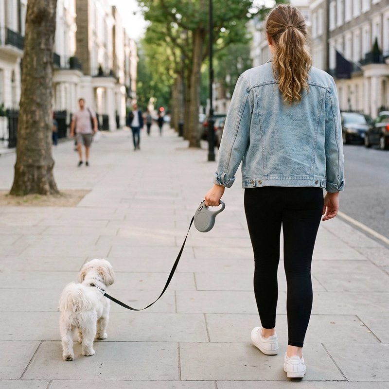 Laisse enrouleur femme en promenade au centre ville avec son shih tzu et la laisse grise enroulable