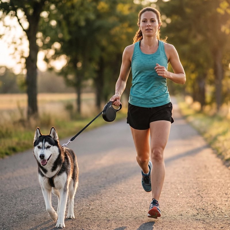 Laisse enrouleur femme joggant avec son husky et la laisse enroulable noir