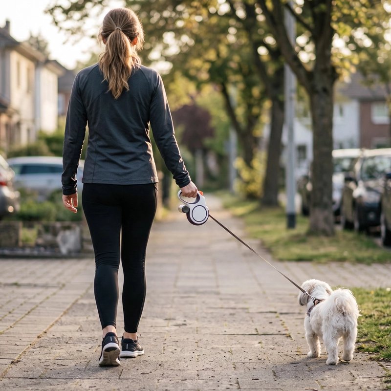 Laisse enrouleur femme se promenant avec son shih tzu au centre vville avec sa laisse enroulable