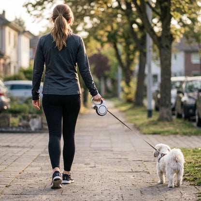 Laisse enrouleur femme se promenant avec son shih tzu au centre vville avec sa laisse enroulable
