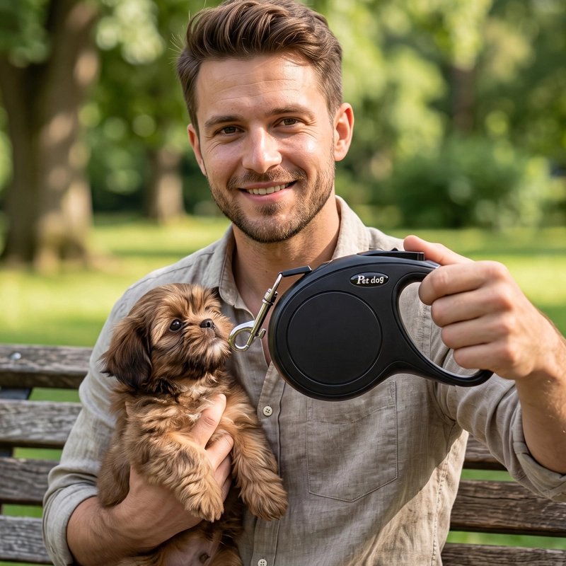 Laisse enrouleur homme avec son chiot shih tzu montrant la laisse noit=r enroulable