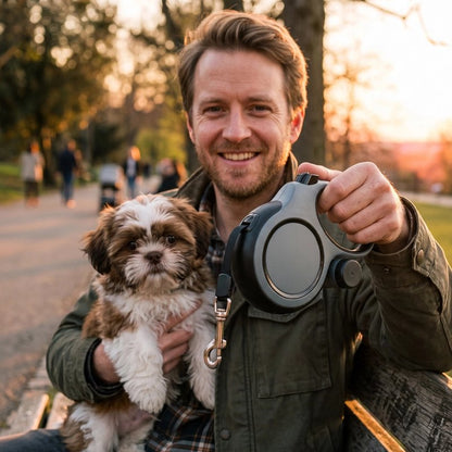 Laisse enrouleur homme avec son shih tzu et sa laisse grise