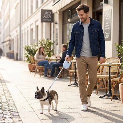 Laisse pour Chien bulldog en promenade avec son maitre