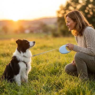 Laisse pour Chien chien assi dans un parc a coté de sa maitresse
