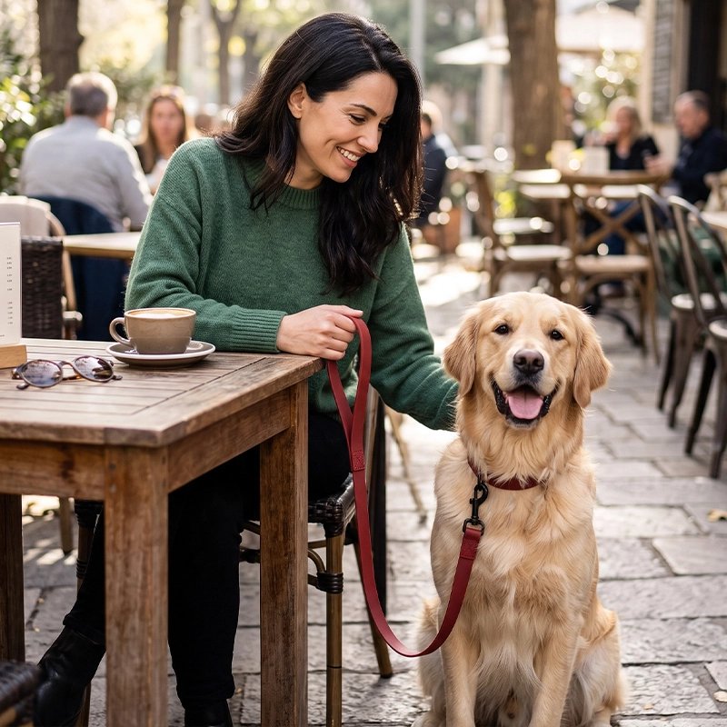 Laisse pour Chien femme assis avec son goden retriver sur une terrasse tenant celui ci avec la laisse rouge