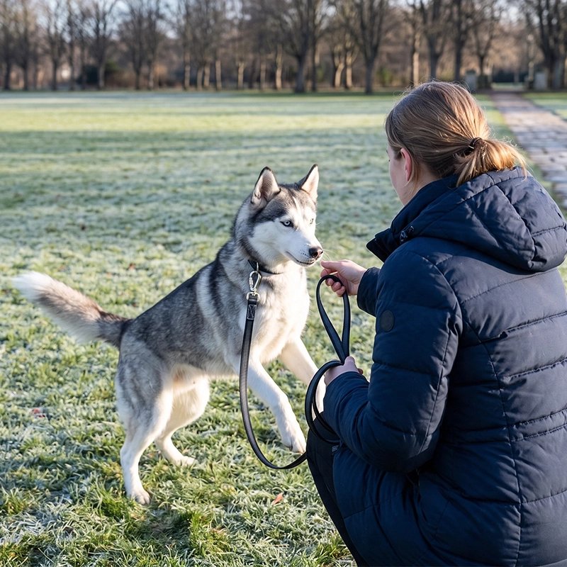 Laisse pour Chien femme au parc avec son husky dans un parc avec la laisse noir