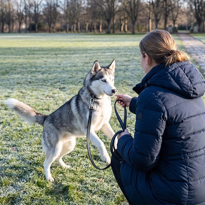 Laisse pour Chien femme au parc avec son husky dans un parc avec la laisse noir