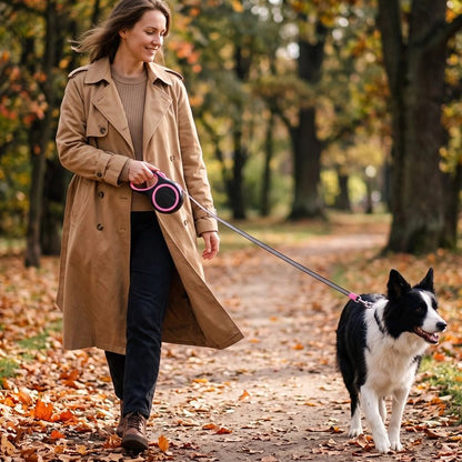 Laisse pour Chien femme dans un parc avec son berger et la laisse enroulable noir et rose
