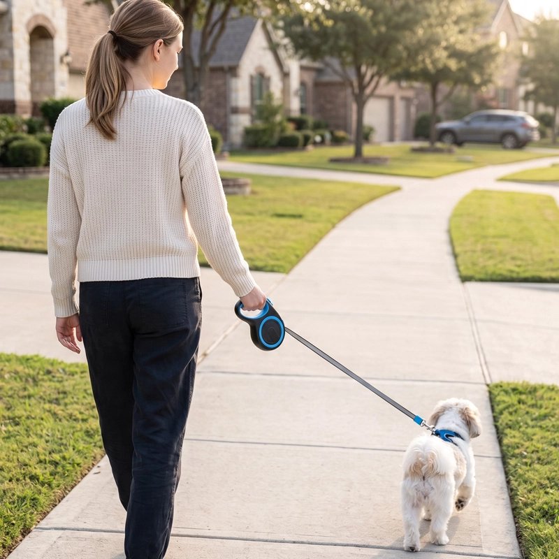 Laisse pour Chien femme en balade au centre ville avec son shih tzu et la laisse enroulable noir et bleu