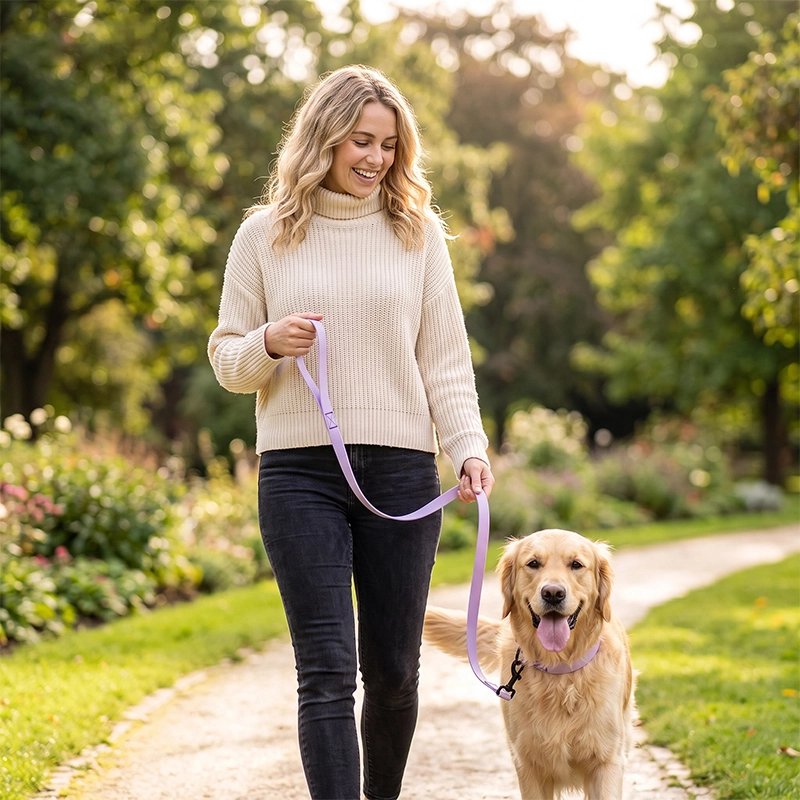 Laisse pour Chien femme en promenade avec son gorden retriver dans un parc avec la laisse violet