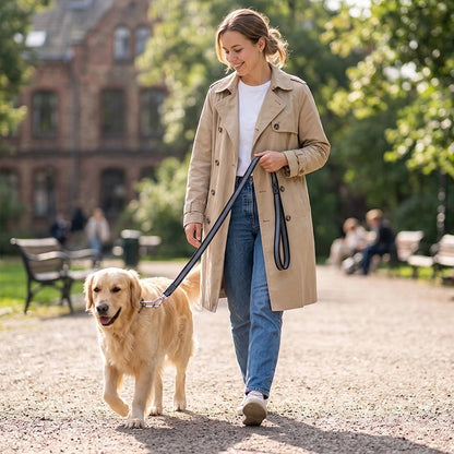 Laisse pour Chien femme tenant son golden retriver en laisse dans un parc
