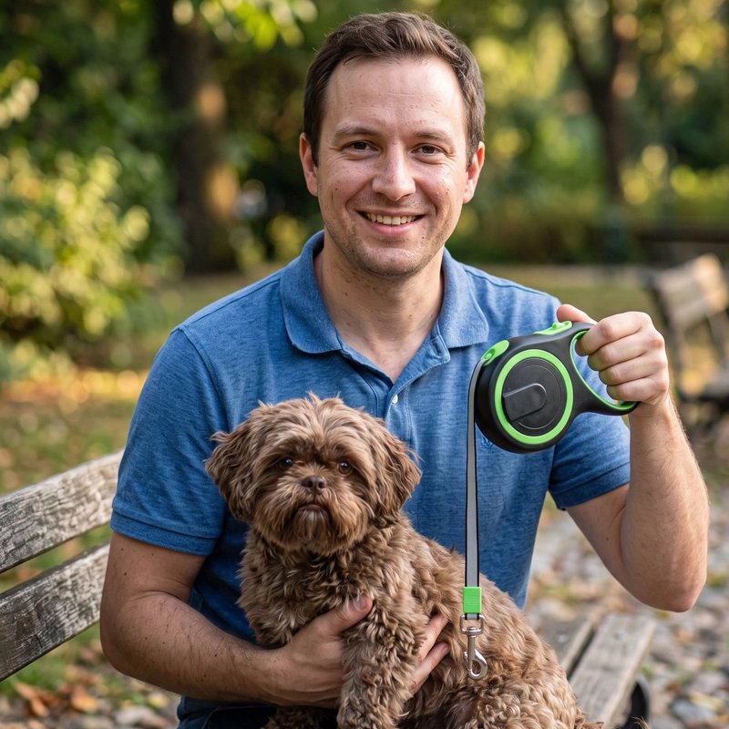 Laisse pour Chien homme assis au parc avec son shih tzu et la laisse enroulable noir et verte