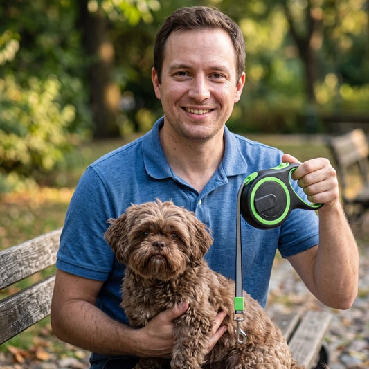 Laisse pour Chien homme assis au parc avec son shih tzu et la laisse enroulable noir et verte